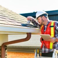 A man with hard hat standing on steps inspecting house roof