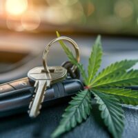 Cannabis marijuana Leaf and Car Keys, Representing Driving Under Influence. Concept dealership, transportation of drugs, hemp and leaves