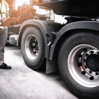 Semi truck, Maintenance and Vehicle inspection. A truck mechanic driver holding clipboard, his safety checking a truck wheels and tires.