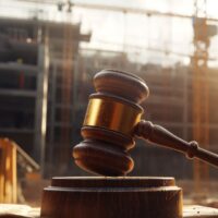 A gavel rests on a wooden block, highlighted by sunlight against a backdrop of a construction site, symbolizing law and progress.